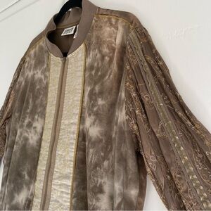 Vintage Chico's Taupe Embroidered Panel Bomber Cotton Rayon Jacket Size 3 XL